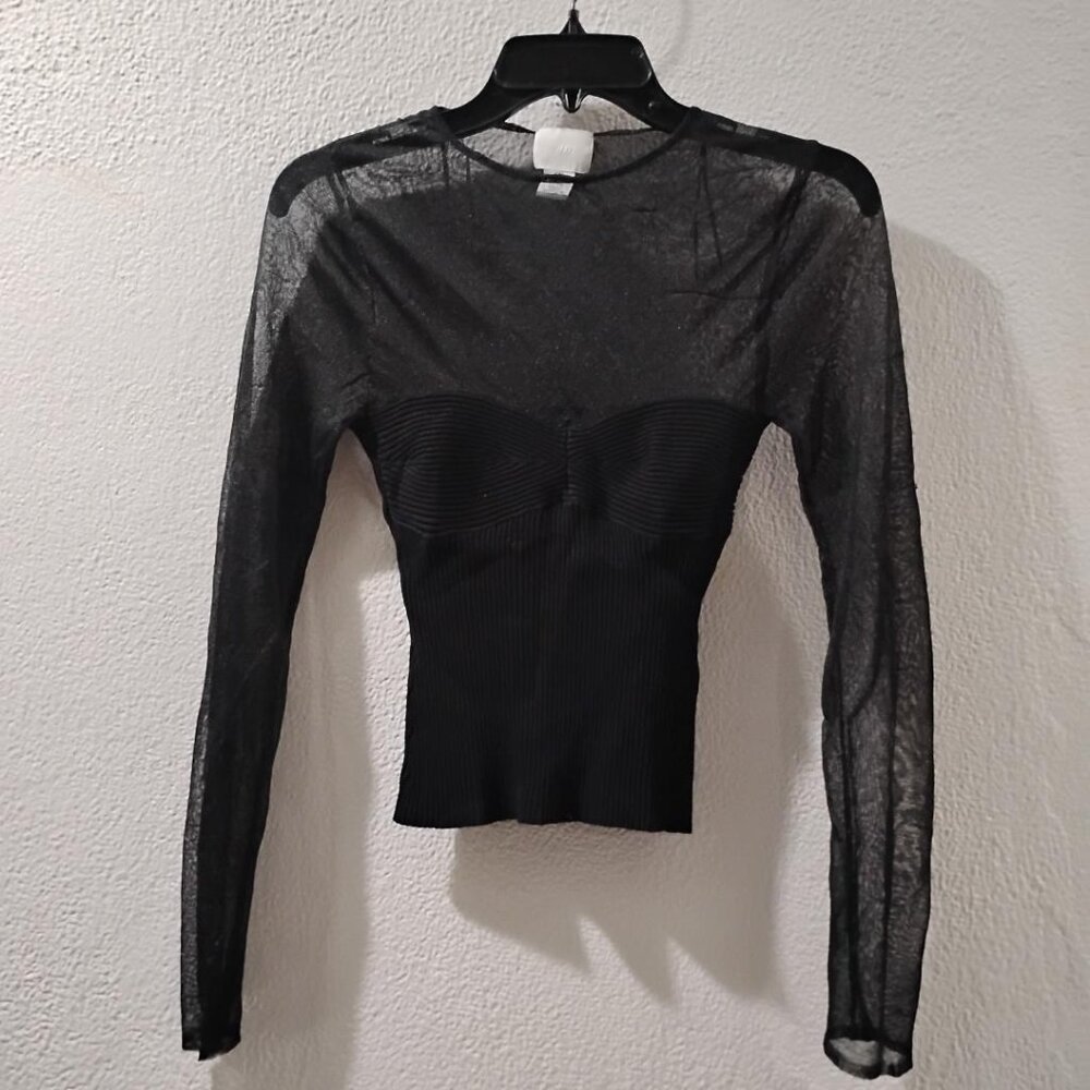 H & M -S- BLACK LONG SLEVEES SHOULDERS CHEST MESH - KNIT BUSTIERS COUTURES FIT